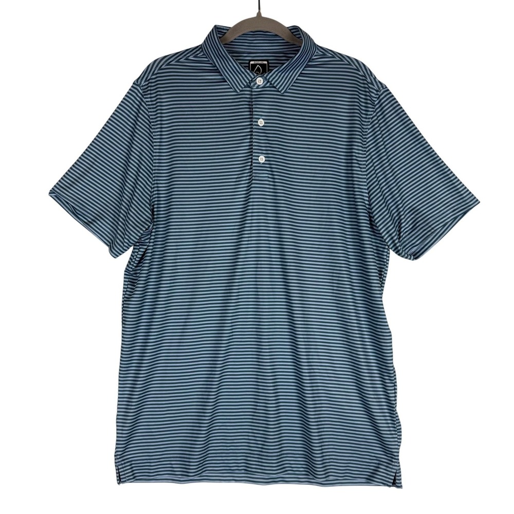 DEOLAX Polo Shirt Mens Large Blue Stripe Golf Short‎ Sleeve Stretch Jersey